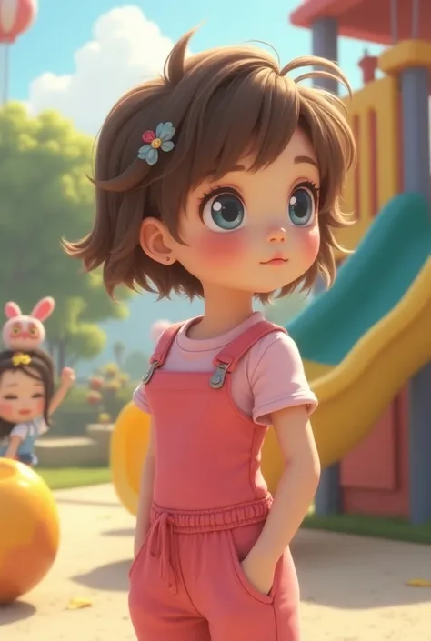 White girl , 10y, 1:5, standing, side view, pink, tight jumpsuit, waist cord, short pixie hair, brown hair, small earrings, hair pin, blue eyes, shy, playground, ren in background