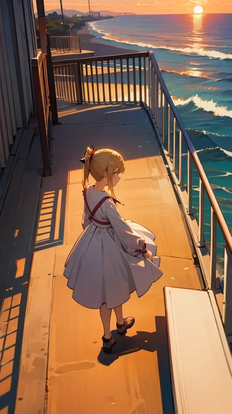  High Resolution ,  flat color 、Blonde Perm、 ponytail、Sunset、Seaside visible 、Pedestrian bridge、 long sleeve dress、