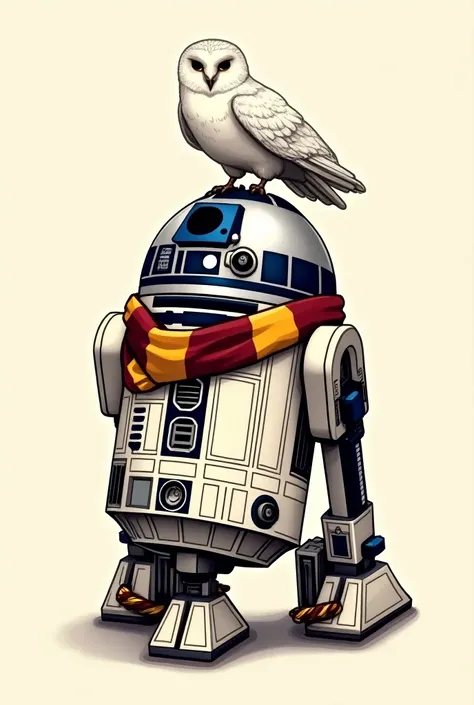 Create a tattoo image of a droid R2D2 with a Harry Potter scarf and the owl Edwirge from Harry Potter on top 