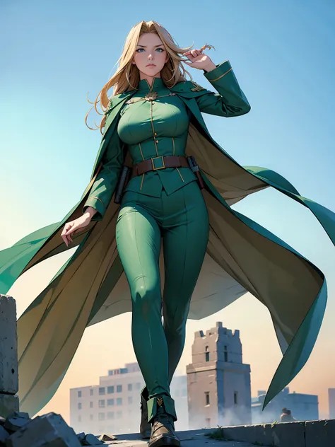 Green military uniform, actual ,General,Green Cape，Adult woman,Large Breasts, A Woman with Long Dark Blonde Hair,Serious face,（, taken from a distance :1.5，Full body photo），（ Detailed Eyes ， sky blue eyes），（On the battlefield，tank:1.2，cannon，ruins，Holding ...