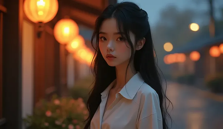  A girl named Thu wears a white shirt.., Autumn Night Background ,Hee!| Han Lighting , long black hair