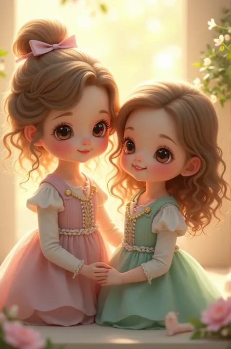 Days babies girls with white skin color and curly and curly light brown hair big brown eyes wearing light lavender and mint green dress on a sunny day