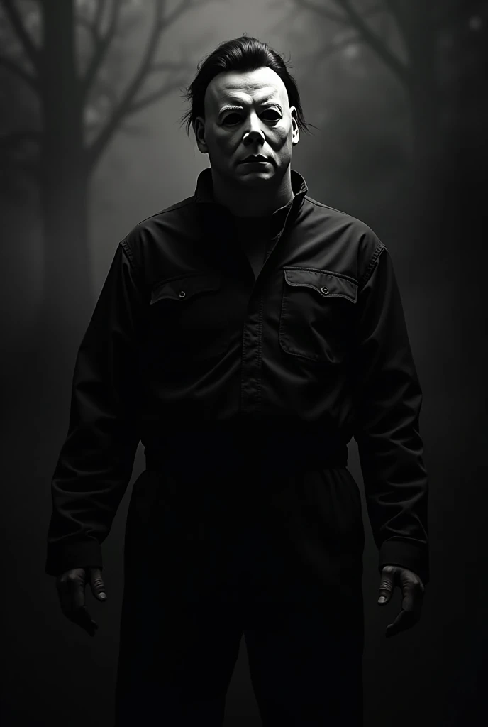 A dark,scary, and mysterious picture of Micheal Myers’s in black and white monochromatic with depth, vibrance, and intricacy. It should be very dynamic and made for the cover of an album before adding words or and other images.High Resolution