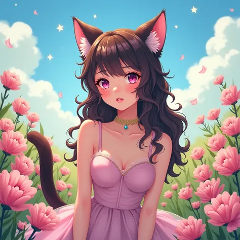 Portrait of a cute soft smile white human/kitten hybrid woman with dark brown fluffy cat ears and tail, wearing a pink sweetheart dress with shoulder straps, gold choker necklace. Shiny pink cat eyes, long flowing wavy dark brown hair, shiny pink lips. Sit...