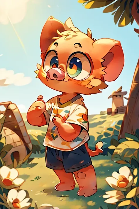 masterpiece, T-shirt, ((big eyes)),((big nose)), deformed, pig, toddler, ((Petite and cute emphasis)), male, furry, hyper cute face, solo, summer, ((short legs)), Colorful, ranch