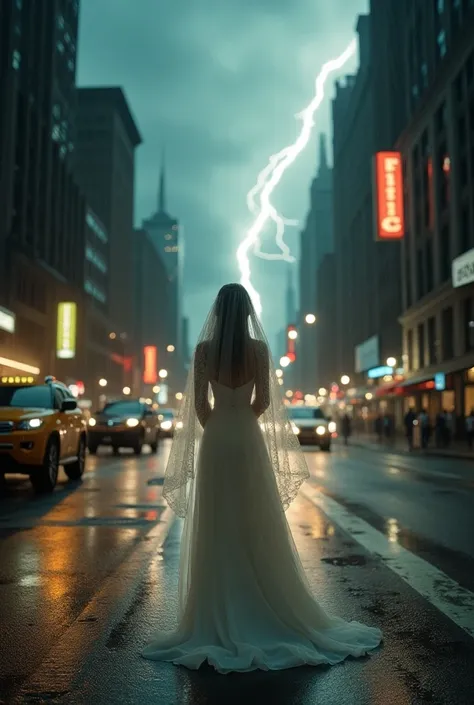 Bride on the street in New York in the storm looking at the illuminated sky