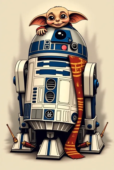 Create a tattoo image of an R2D2 droid with a Harry Potter scarf and Dobby from Harry Potter on top and some references from Harry Potter and Star Wars