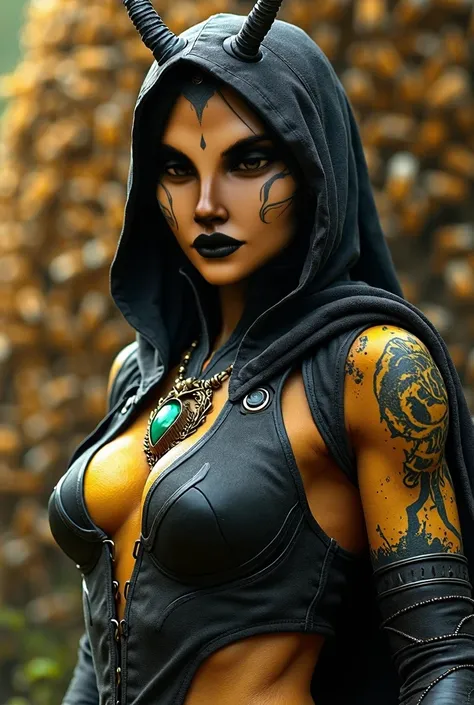  high detail,   realistic, 
HDR,  Super clearly , 5D, 1800K , Ultra HD, High-Dynamic Range + Low Noise, From Mortal Combat DVora ,  very large breasts,
 DVors appearance is based on several insect motifs . , her skin looks like a yellow chitinous skin with...