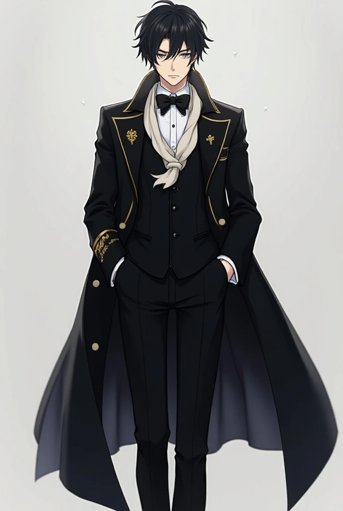 Wearing the line of Re :Zero,  create a 25-year-old male , Who lives in 2024 ,  but wears formal clothes , black suit,  white dress shirt , black overcoat,  black pants , black shoes,  a white scarf on the collar and a black bow tie,  and some gold details...