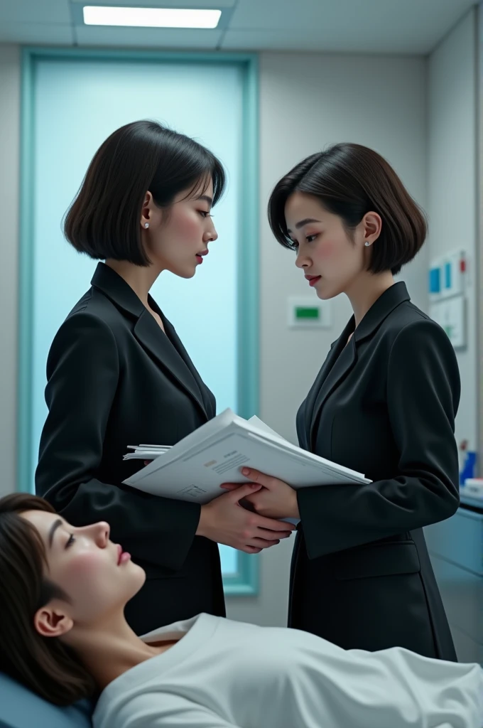 Women in black with neck length short hair with patient in hospital carrying reports with doctor make photo realistic 