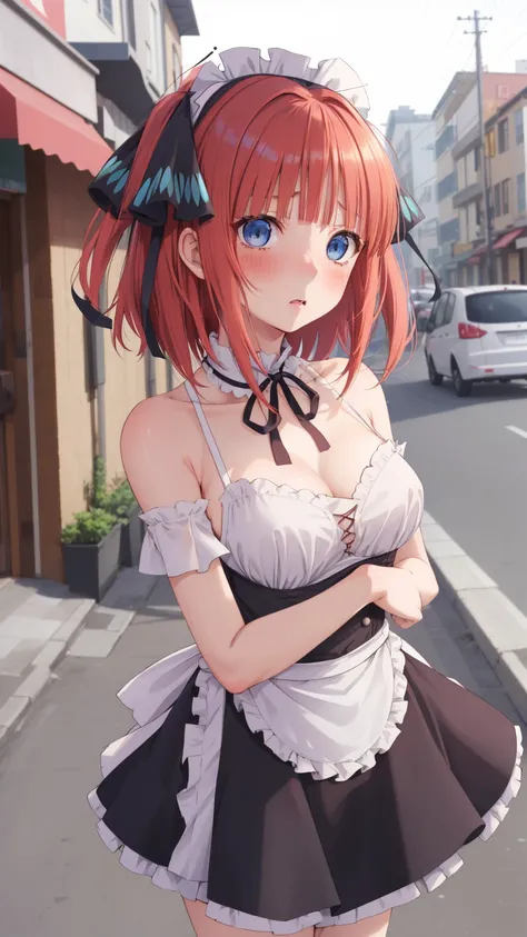 1 girl,Nino Nakano, Red hair, blue eyes, blush, messy hair,  masterpiece , High quality,  detailed body, detailed face, Highly detailed, (maid),  cleavage , clavicle, high socks, city street,very low cut,(( medium breasts)) (( bare breasts and shoulders)) ...