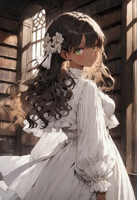 Young lady with caramel colored wavy hair, tan skin, shining green eyes, white edwardian blouse, knee length black godet skirt, small earrings, small hair accessories, standing in a library, lights coming from the tall windows