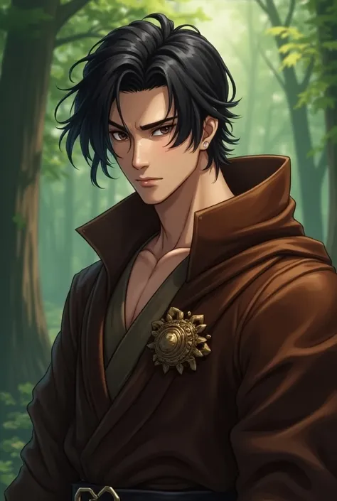 Anime man, brown cover, Warrior Outfit.  very beautiful and attractive ,  black hair and brown eyes. high. in a forest, photo focused on him . short hair, e brown cover.  large cover , With ring . 