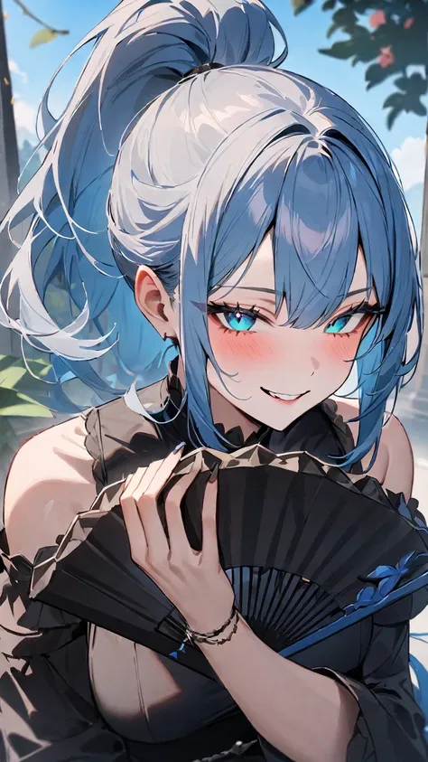 highest quality、masterpiece、1 woman, blue sky hair, cyan eyes, ponytail, black dress, beautiful, sly smile, evil smile, holding a black fan 