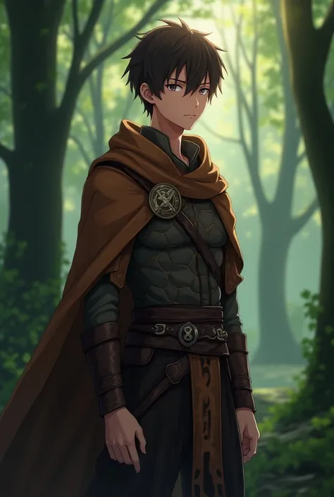 Anime man, brown cover, Warrior Outfit.  very beautiful and attractive ,  black hair and brown eyes. high. in a forest, photo focused on him . short hair, e brown cover.  large cover , With ring .  anime 2d, realistic.