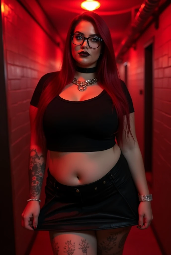 a beautiful voluptuous alternative model big breasted butt with a short black t-shirt  , with choker with a hoop to put on a necklace with studs ,  in black panty with tattoos  , Long red hair, blue eyes with black frame glasses ,  the very short mini skir...