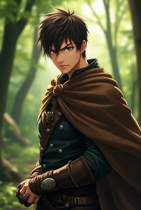 Anime man, brown cover, Warrior Outfit.  very beautiful and attractive ,  black hair and brown eyes. high. in a forest, photo focused on him . short hair, e brown cover.  large cover , With ring .  anime 2d, realistic.  gives off the vibe of a pretty badas...