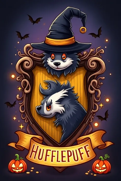 Create an image of the Hufflepuff emblem from Hogwarts with a Halloween theme, in anime style. The emblem should feature elements like glowing pumpkins, ghostly wisps, and bats surrounding the crest. Replace the badger with a more playful or mischievous ve...