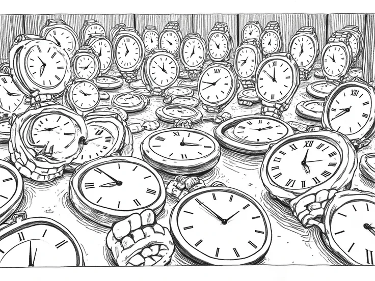 black and white drawing of a man lost a labyrinth of watches