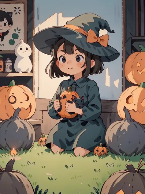 witch girl, black cat, pumpkins with carved face, wooden house, candles