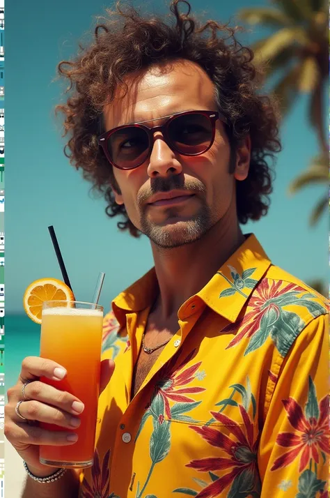 Gustavo Cerati wearing Hawaiian clothes and glasses and a drink in his hand