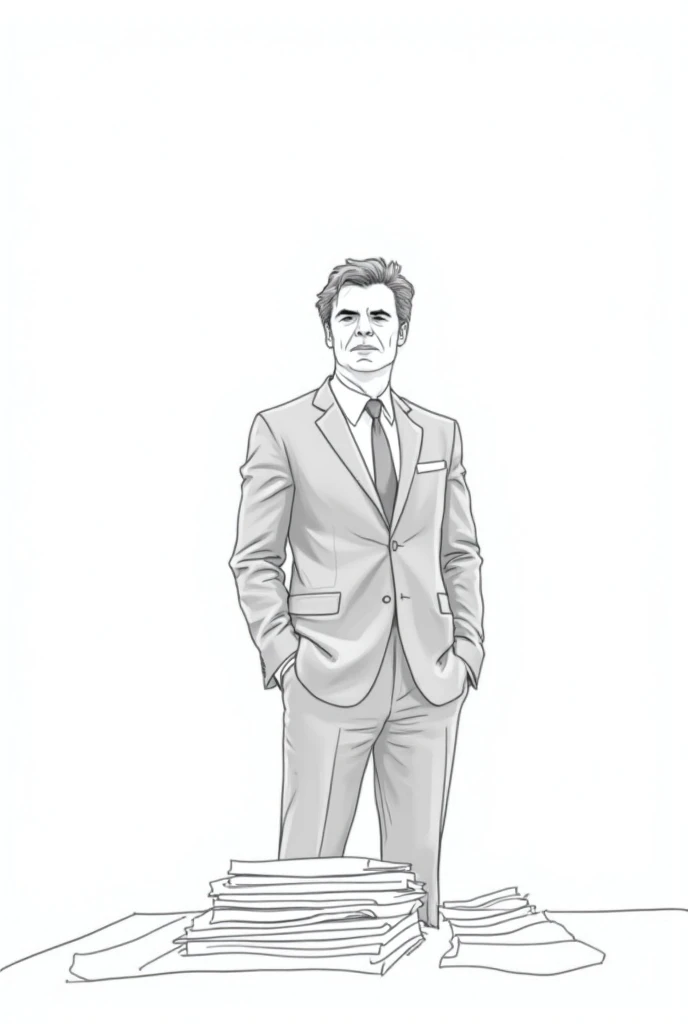  Simple line drawing by Mark Ruffalo , dressed in a dark lawyer suit ,  is standing in front of a court or a table full of documents. His expression is serious,  reflecting the burden of truth that he carries with him .