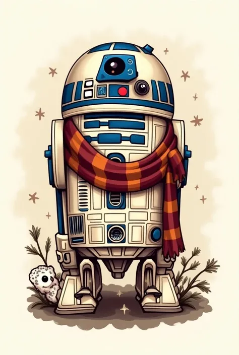 Create a chibi-style tattoo of an R2D2 droid with a Harry Potter scarf inside the Deathly Hallows and the owl Edwirge from Harry Potter on the side, some references to Harry Potter and Star Wars