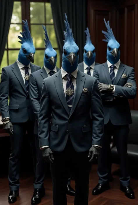  A group of five muscular anthropomorphic blue jackdaws ,  representing Paraná ,  dressed in custom-made dark gray suits , with silver details.  Each of them wears silver jewelry , like rings,  heavy bracelets and necklaces .  Their tattoos show pine trees...