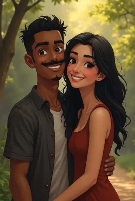 A skinny 42-year-old father with dark skin ,  black eyes , bigote y cabello negro sonriendo con su hija de 22 años de piel blanca con cabello negro y  black eyes  y grandes, that looks realistic like a photograph 