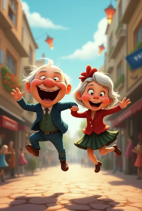 Create a Disney digital image of an elderly man and woman with a crazy and funny and happy face jumping like ren on the way to the square.