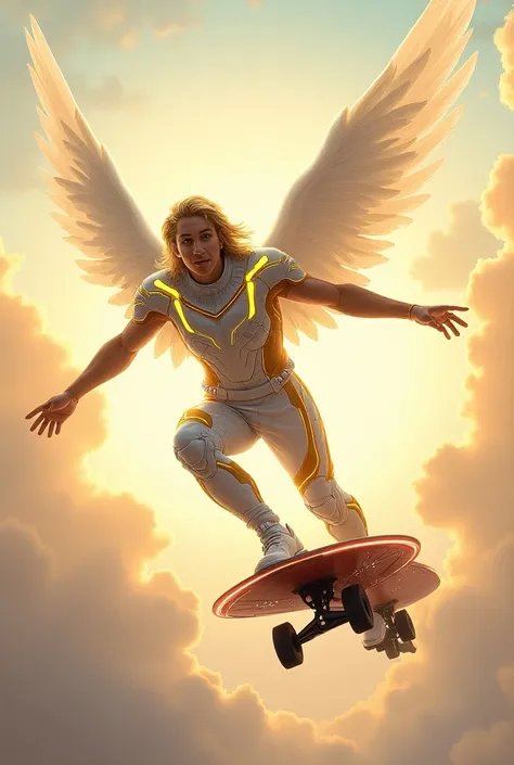 Drawing of a heavenly angel winged white / gold male space skate with mounted tron uniform (subway surfers )  on a happy light  