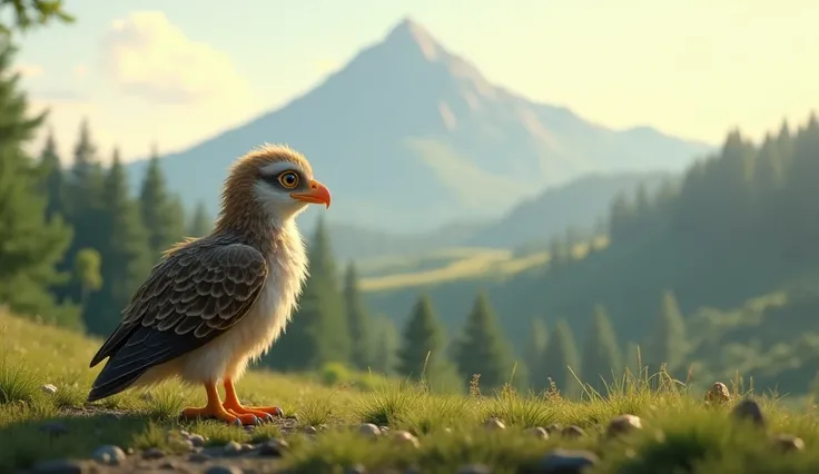 little newborn eagle stepping on the ground looking into the distance at a mountain. there is no snow.