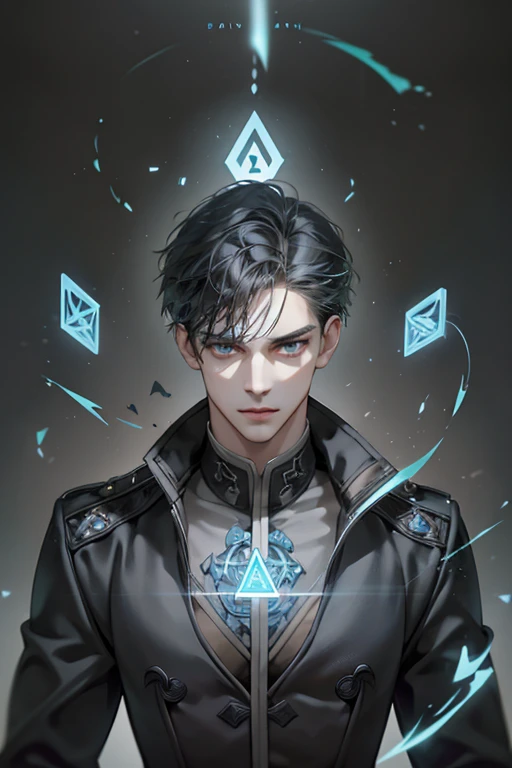 A handsome young man, slim and thin, a magician custodian, wearing a plain magician-custodian outfit, pale skin, long week kept black hair, and grey eyes. pale skin, handsome, grey eyes, neutral expression. Mysterious feeling. bright background, Anime port...