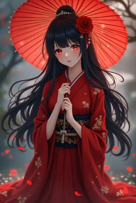 One woman、
Red kimono，Long black hair， Red Eyes，
Im holding a Japanese umbrella
anime style