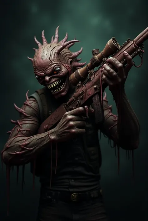 Sniper rifle made of flesh with a smiling demons head and several eyes