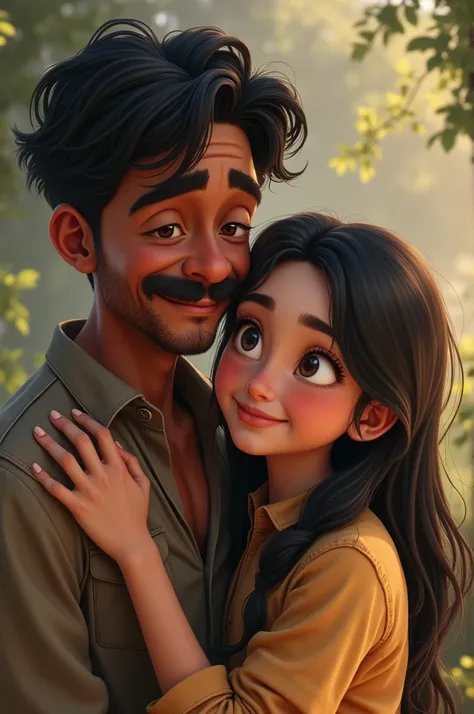  A slender 42-year-old father with dark skin, black eyes, mustache and black hair smiling with his 22-year-old white-skinned daughter with black hair and big black eyes, Make the image look realistic like a photograph  