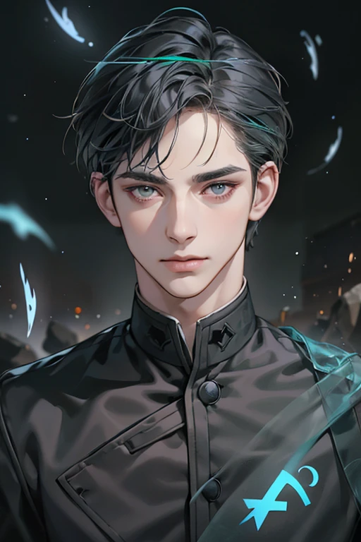 A handsome young man, slim and thin, a magician custodian, wearing a plain magician-custodian outfit, pale skin, long black hair, and grey eyes. pale skin, handsome, grey eyes, neutral expression. Mysterious feeling. bright background, Anime portrait: Crea...