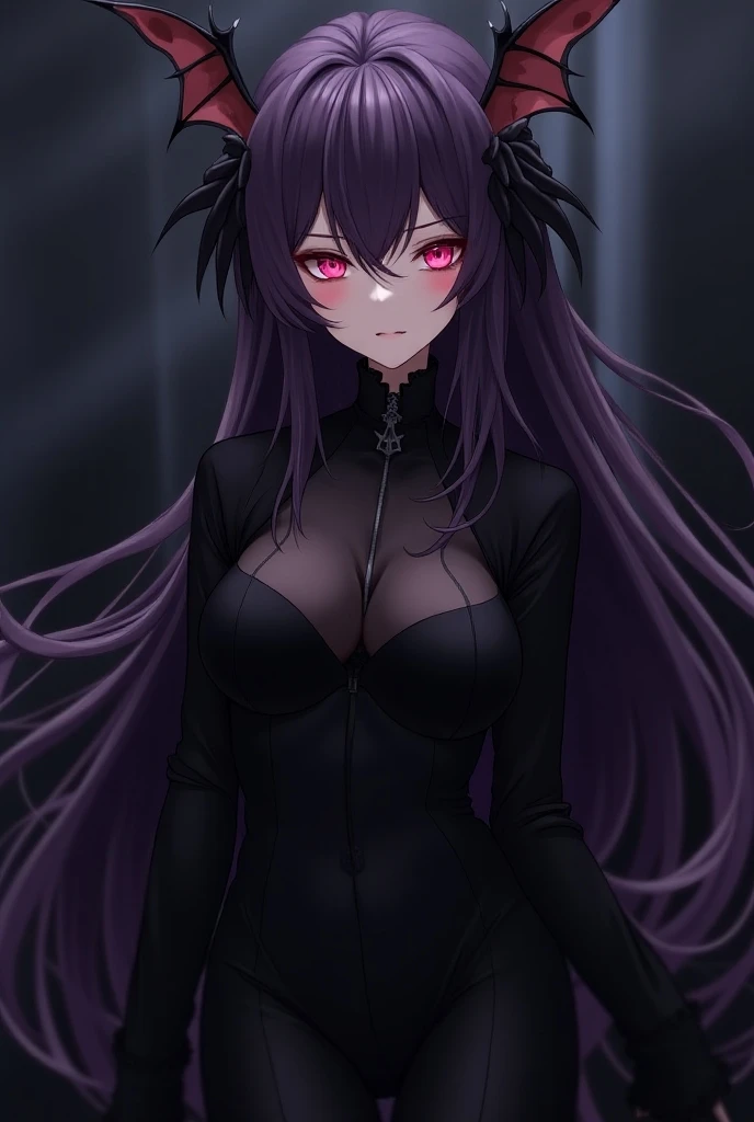 Anime female character dark purple hair, long size with dark pink eyes, in black clothes, Pretty girl with bat wings on her head