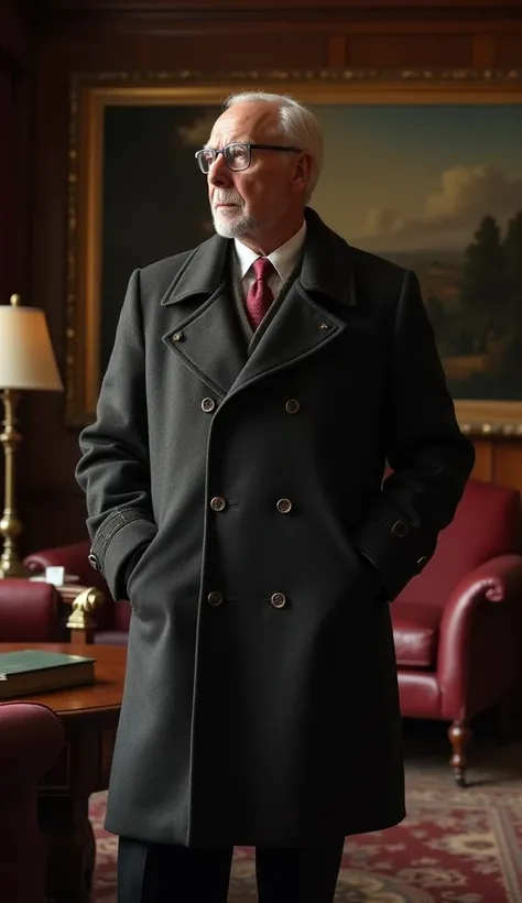 Captured in a moment of contemplation, the distinguished senior businessman standing in his richly-appointed office keeping a straight face. Dressed in a Duffle coat. This image tells the story of success, leadership, and the quiet power of a man who has m...