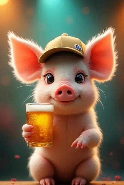  An adorable and cute piglet with a stylish cap on the head , holding a beer glass.  The piglet must have a cheerful and captivating look , on a vibrant background .  I want the image with an impressive 8K ,  capturing all the details of the piglets coat a...