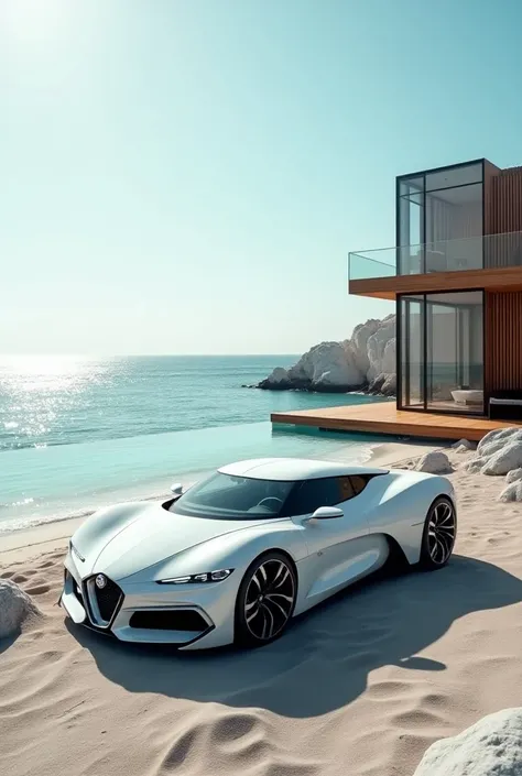 4. Beach House with a Car: Sport super wight bright crystalline shiny color Alfa Romeo Pandion concept, A seaside house with a wooden deck and ocean views, with a car parked out front.