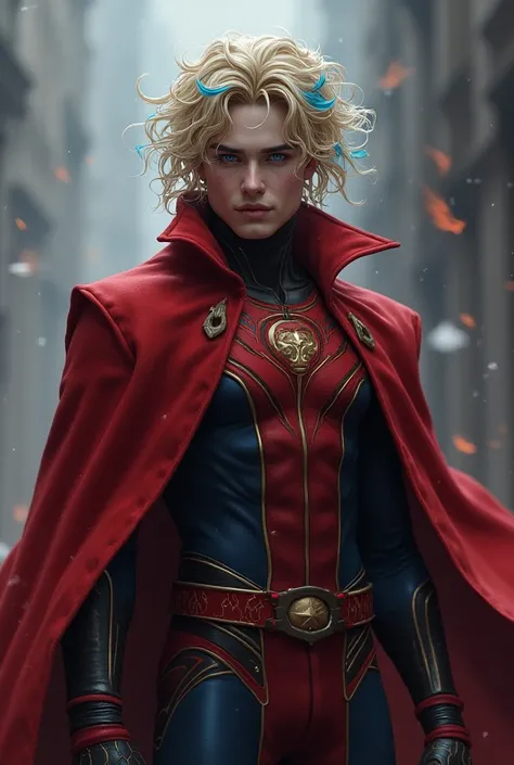  Create the image of a male character with Marvel traits who is a user of the magic of chaos and the inverted inverted magic of DC, with her blond hair with blue tips , and her curly hair, dark blue eyes, white skin,  a red male costume with the same featu...