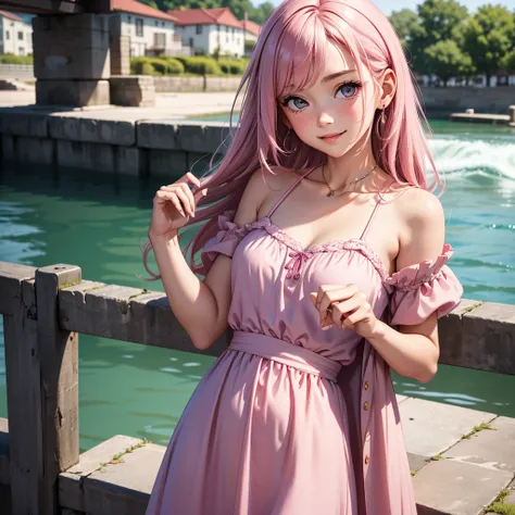 girl in a pink dress looks down happily,  with her hands folded in the lock near her chin