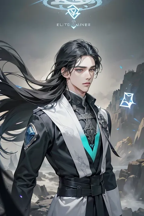 A handsome young man long black hair, grey eyes, slim and thin, a white and grey magician custodian, wearing a plain magician-custodian outfit, pale skin, long black hair, and grey eyes. pale skin, handsome, grey eyes, neutral expression. Mysterious feelin...