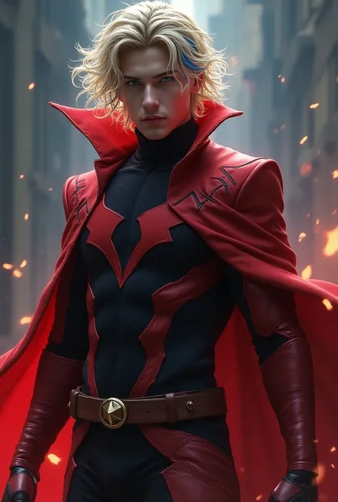  Create the image of a male character with Marvel traits who is a user of the magic of chaos and the inverted inverted magic of DC, with her blond hair with blue tips , and her curly hair, dark blue eyes, white skin,  a red male costume with the same featu...