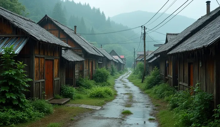 Rain and brown roof houses of a village