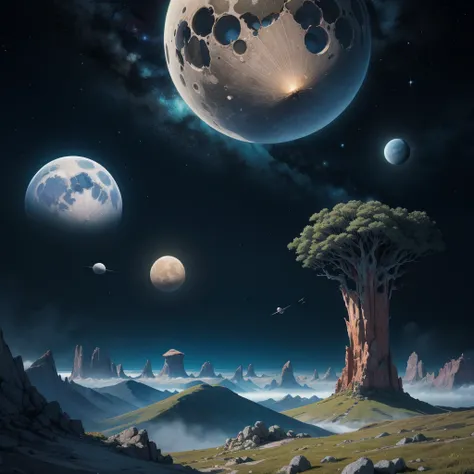 Colourful aliem planet, surreal landscape, fanatasy planet, unknown vegetation, alien cosmis, moons
