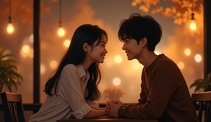 ( close-up face shot ), Thu wears a white shirt in front of a window..; long black hair, A man in an autumn night is a nice Korean in a brown sweater,Black short hair , sitting affectionately hand in a cafe while smiling ,,A girl named ,table, looking at e...