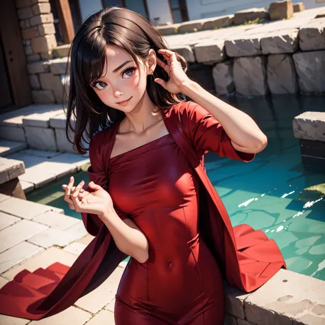 girl in a crimson dress looks down happily,  with her hands folded in the lock near her chin, side view