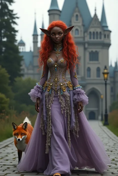  orange-eyed elf , Pointed-eared elf ,  elf with lots of gold and silver jewels studded with turquoise stones, sapphire, and diamonds. dark black skin,  curly and curly hair ,  very long hair that reaches the knees ,  she is dressed in a Victorian dress fu...